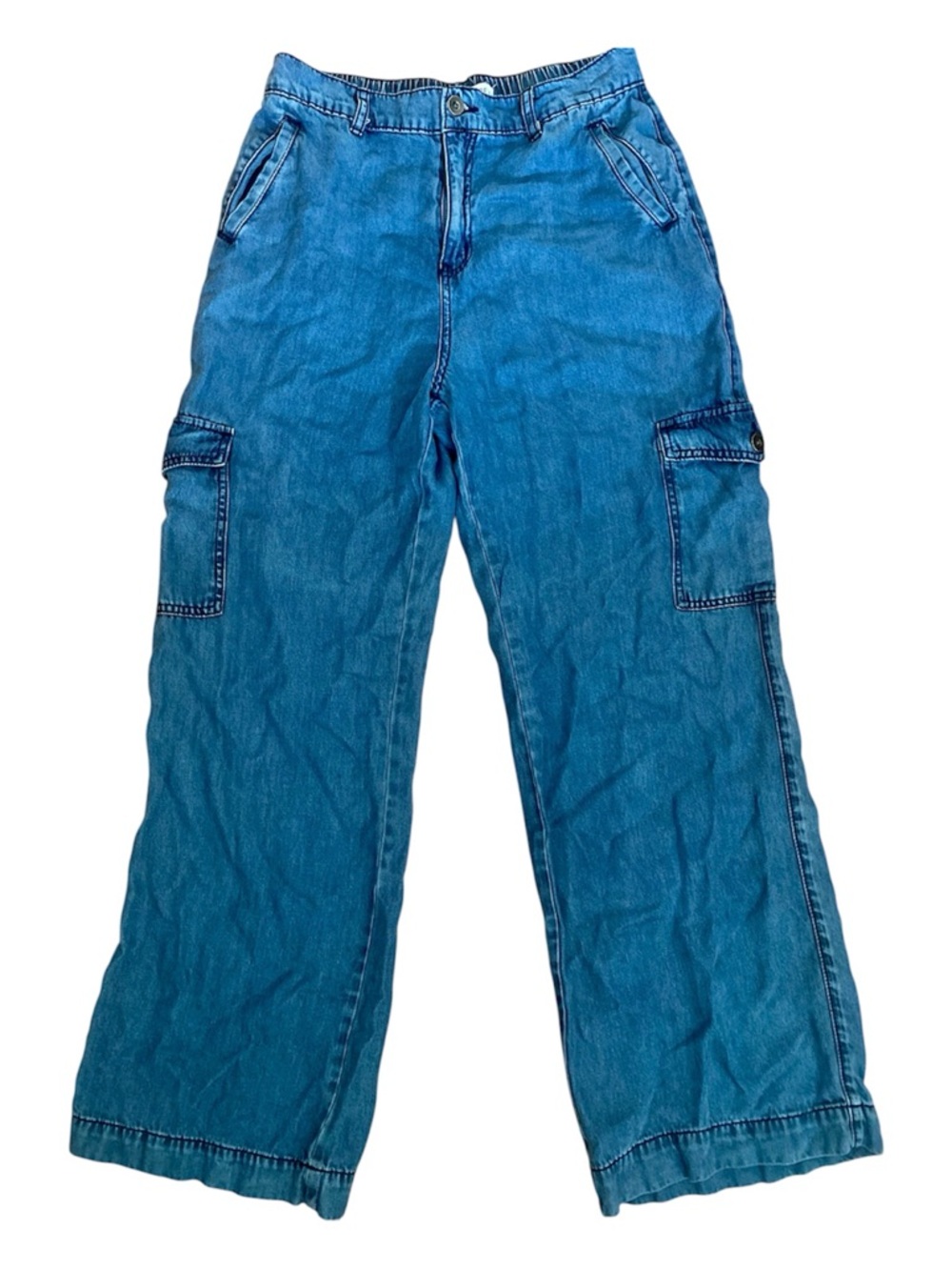 Happily Grey Lyocell Cargo Pants Wide Leg Elastic Waist Blue Utility Pants S/M